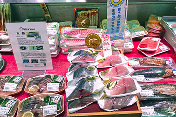 売場に並ぶ京鰆と愛育フィッシュ愛鯛